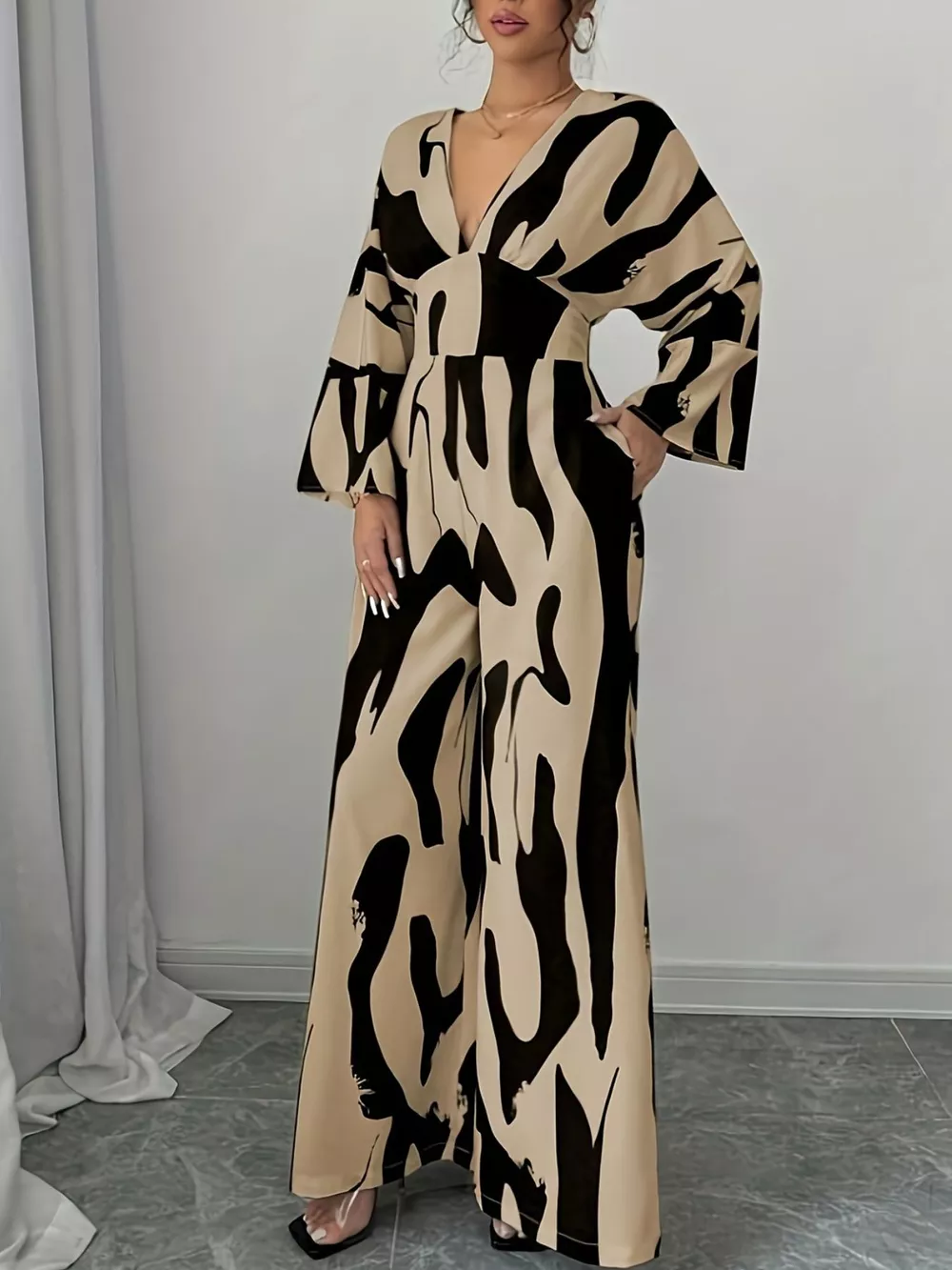 Abstract Print V-Neck Wide Leg Jumpsuit, image 3