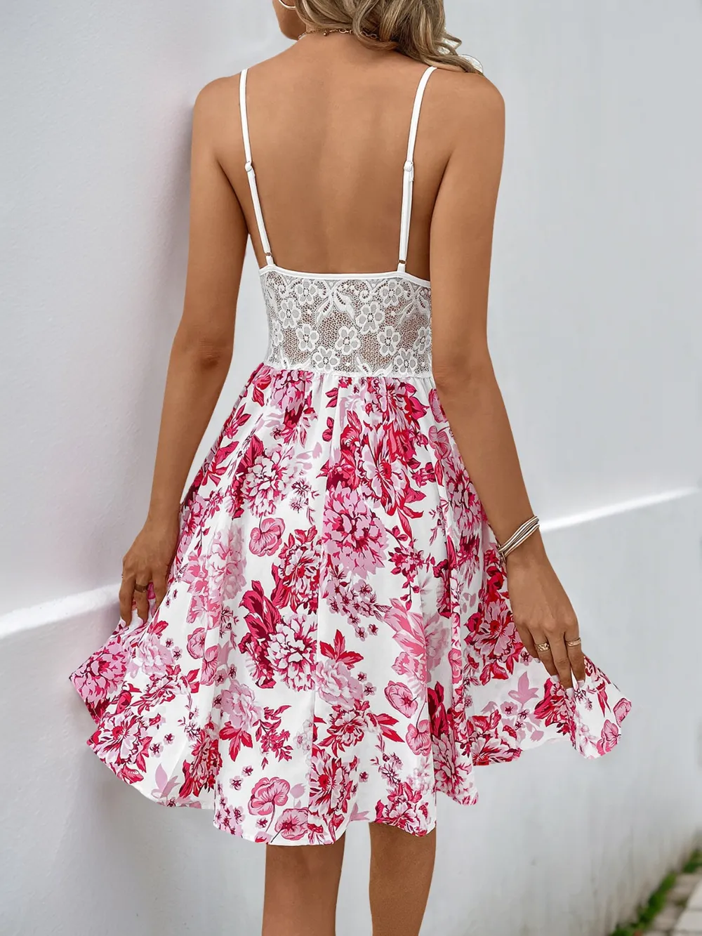 Lace Cutout Floral Print Cami Dress, image 2