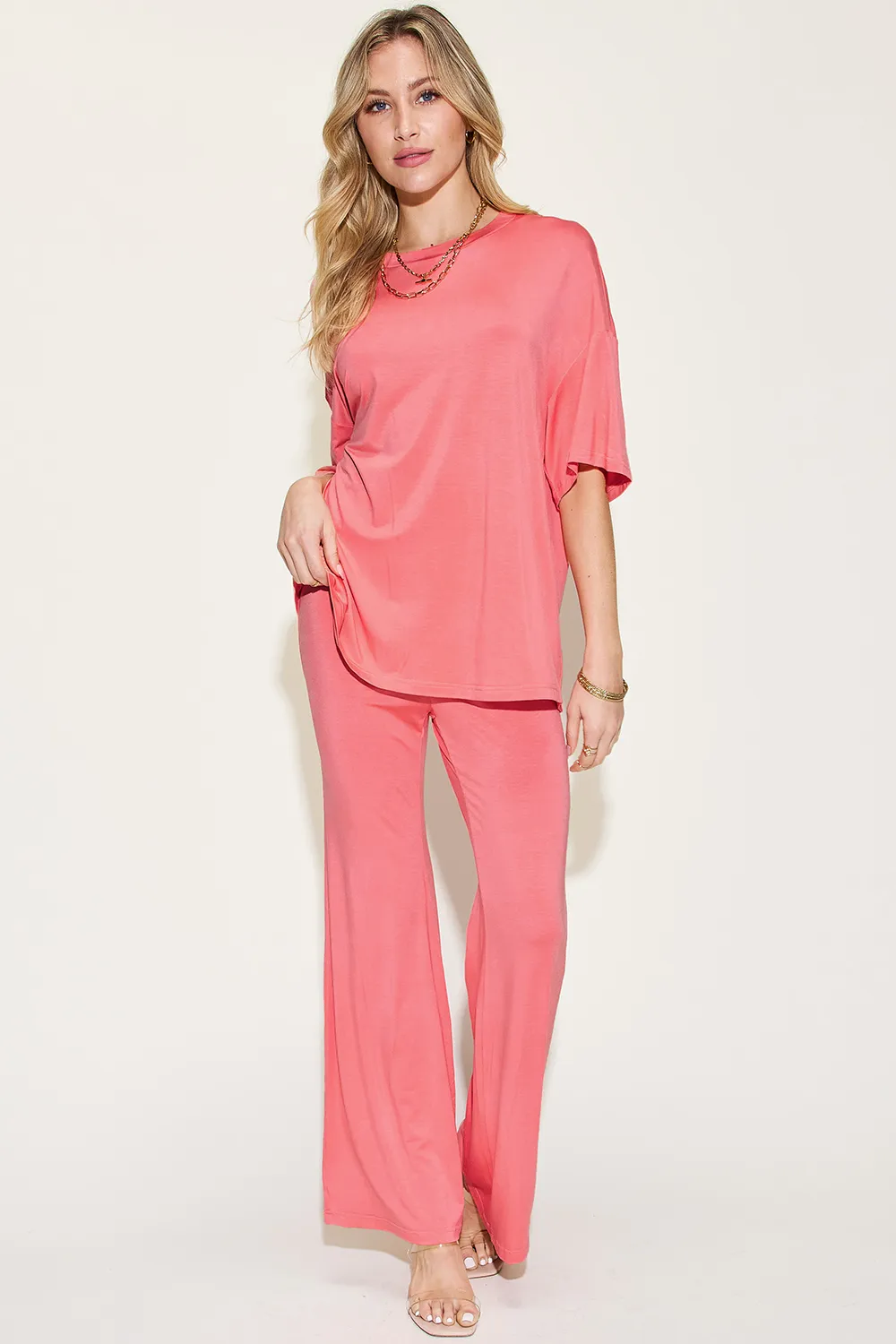Full Size Bamboo Drop Shoulder T-Shirt and Flare Pants Set, image 8