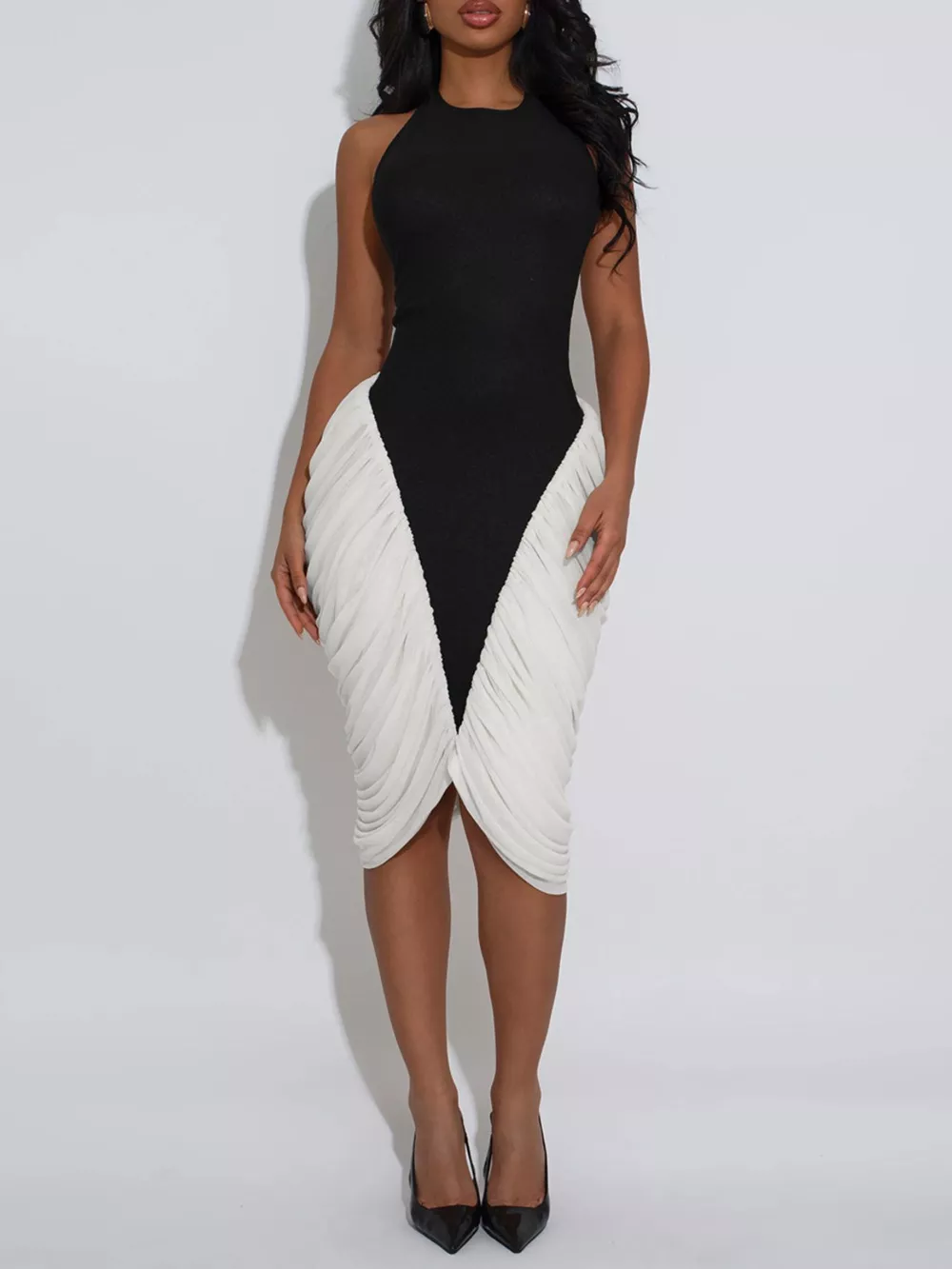 Two-Tone Sleeveless Ruched Midi Dress