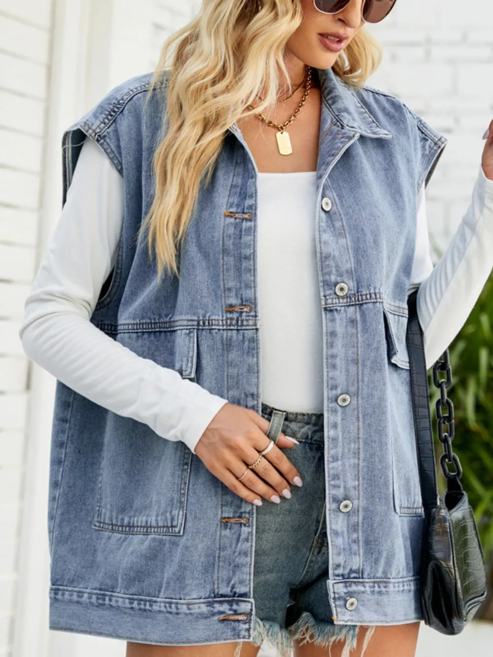 Sleeveless Button-Down Denim Jacket, image 6