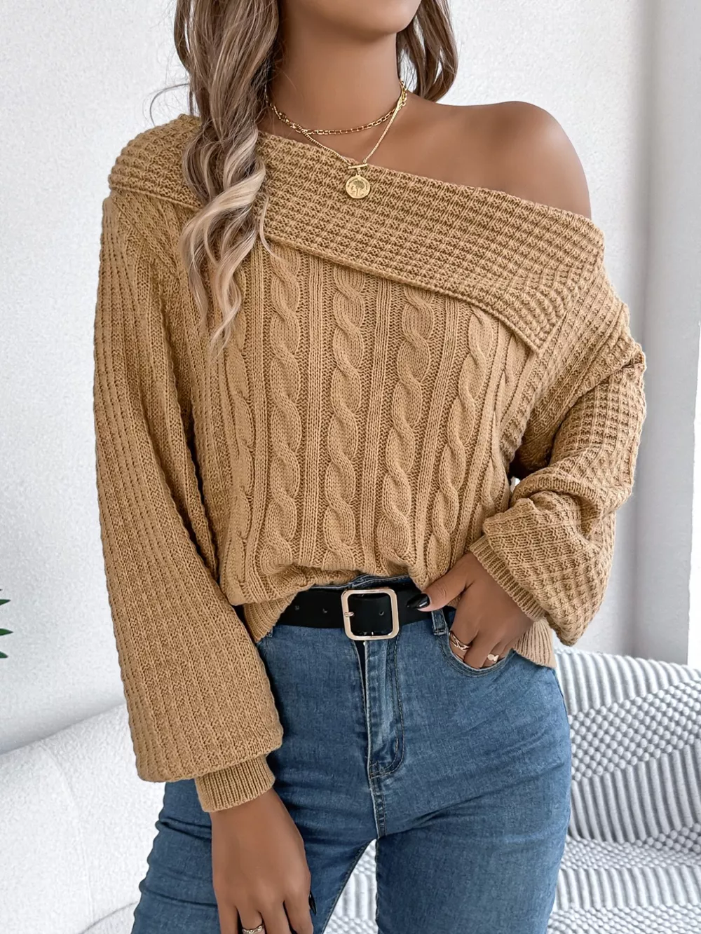 Off-Shoulder Cable Knit Sweater, image 16