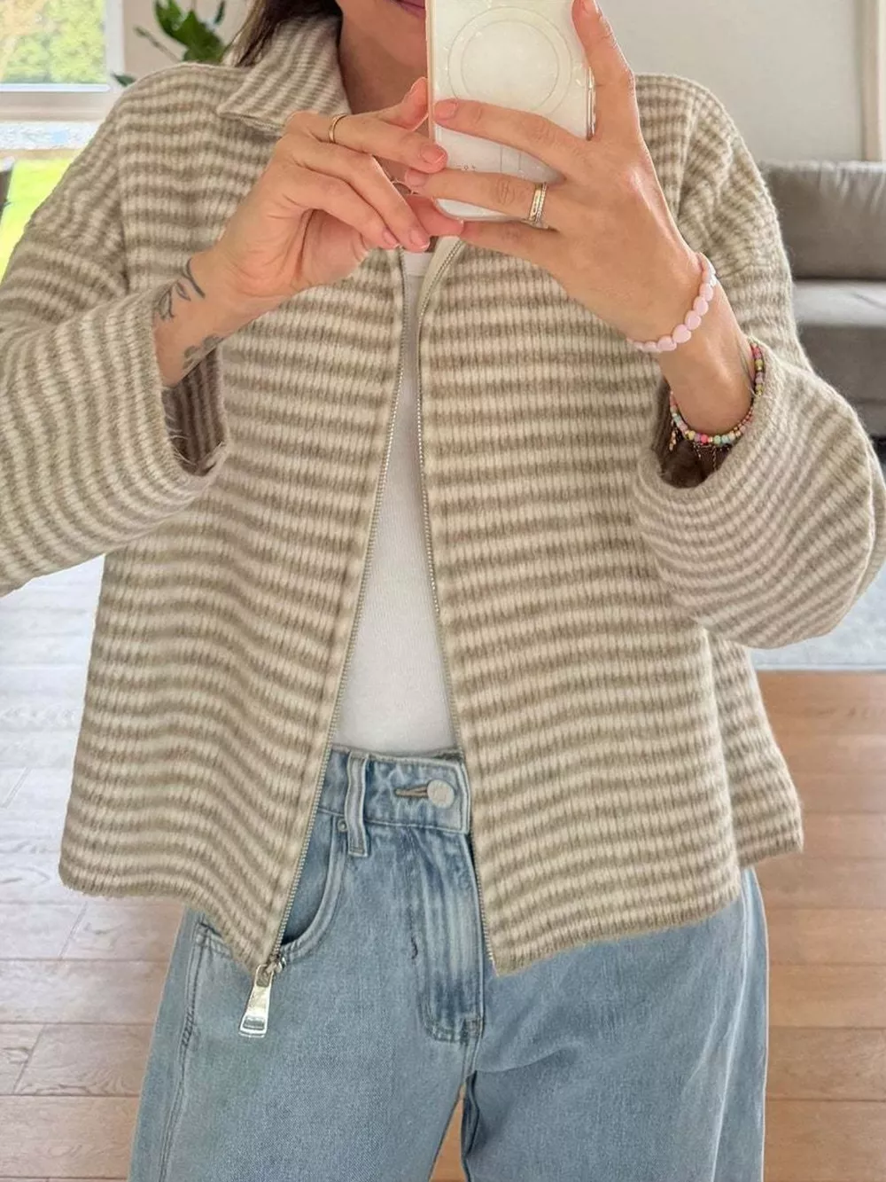Striped Zip-Up Knit Cardigan, image 5