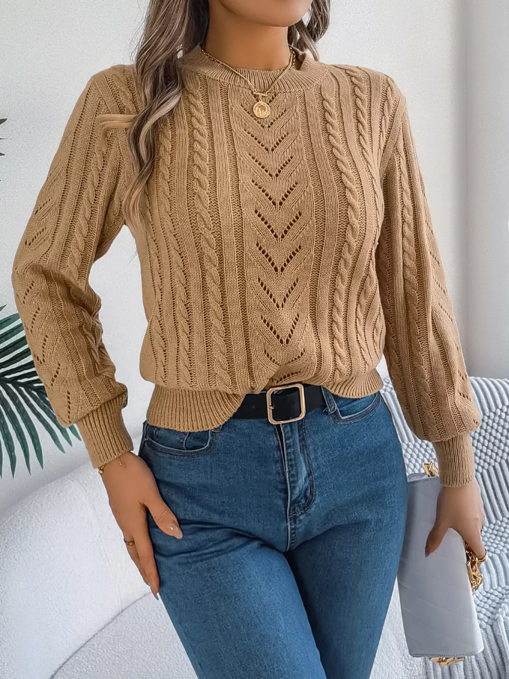 Cable-Knit Round Neck Sweater, image 12