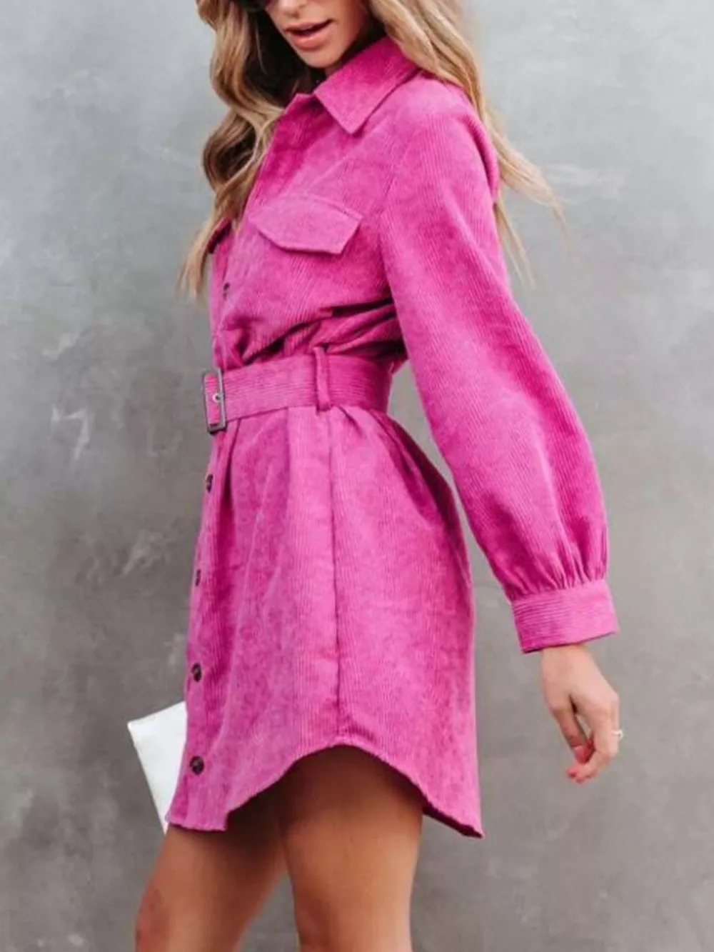 Button Front Belt Long Sleeve Corduroy Dress, image 6
