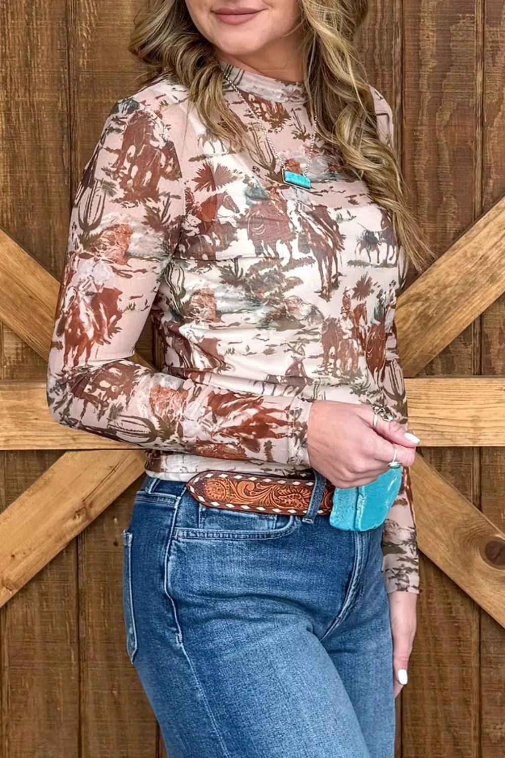 Western Scene Mesh Long Sleeve Top, image 4