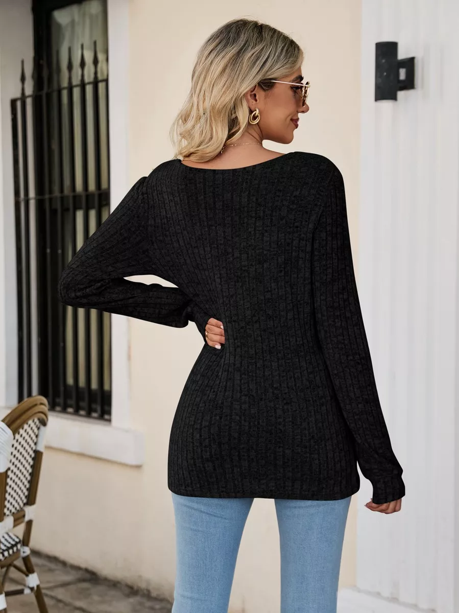 Ribbed Square Neck Long Sleeve T-Shirt, image 9