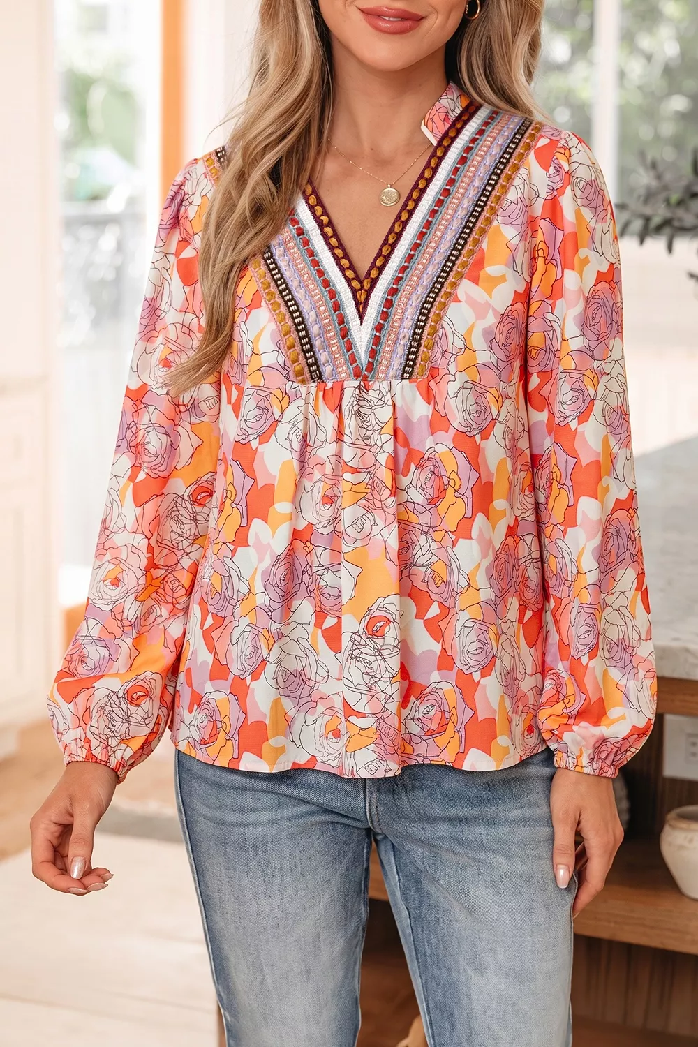 Floral Print V Neck Long Sleeve Shift Blouse, image 2