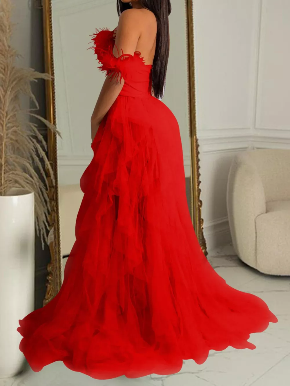 Feathered Corset Tulle Evening Dress, image 3