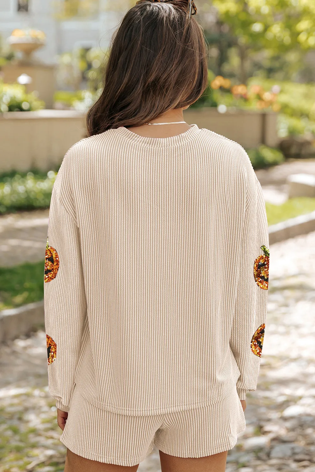 Sequin Pumpkin Round Neck Top and Shorts Set, image 3