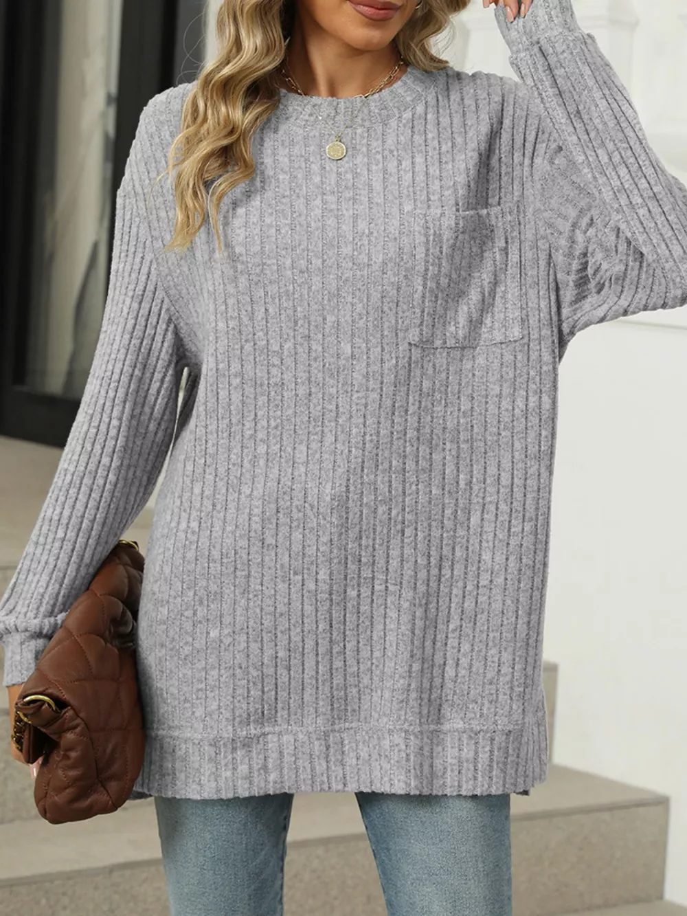 Ribbed Knit Round Neck Sweater, image 17