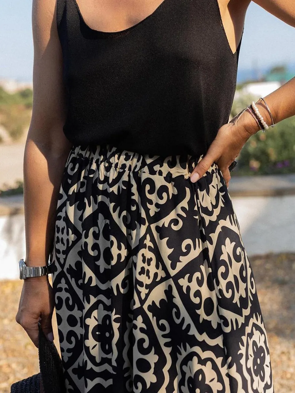 Geometric Elastic Waist Maxi Skirt, image 9