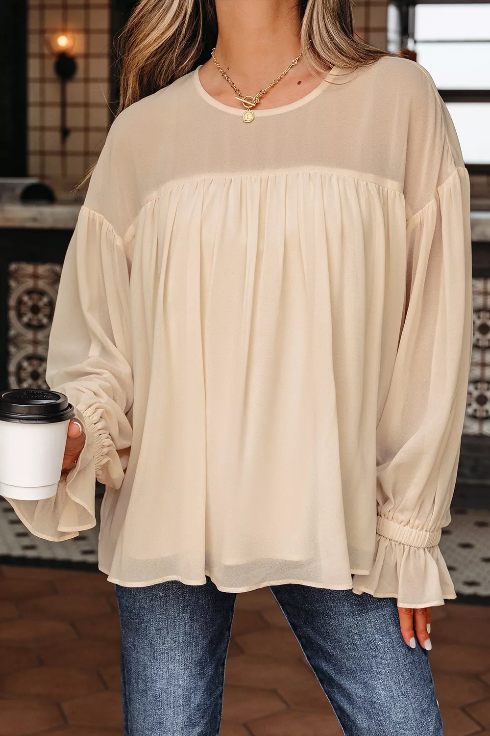 Round Neck Ruffle Sleeve Blouse, image 10