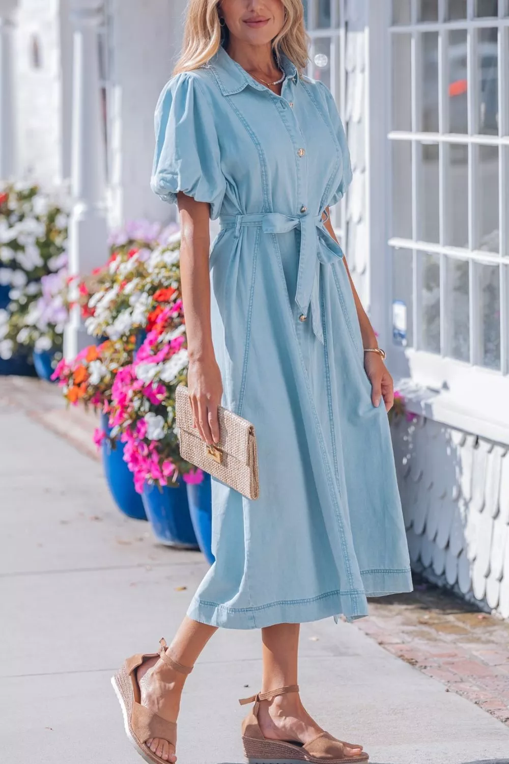 Full Buttons Collared Short Bubble Sleeve Long Denim Dress, image 6