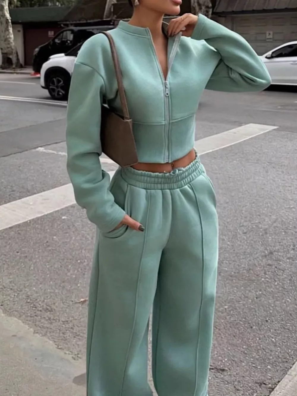 Zip-Up Crop Jacket and Wide-Leg Pants Set, image 16