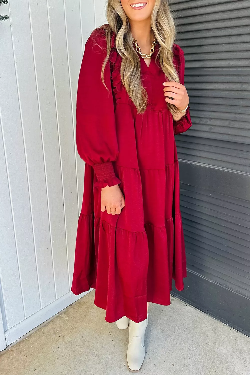 Solid Color Ruffle Trim Long Sleeve Tiered Shift Midi Dress, image 5