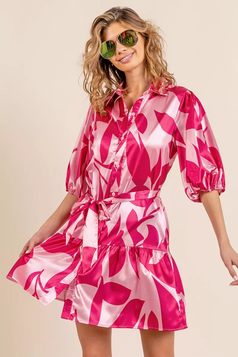 Leaf Pattern Collared Satin Dress, image 2