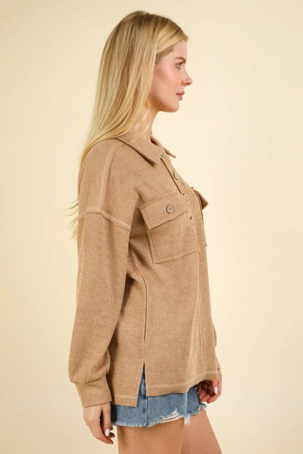 Collared Half Button Knit Top with Pockets, image 3