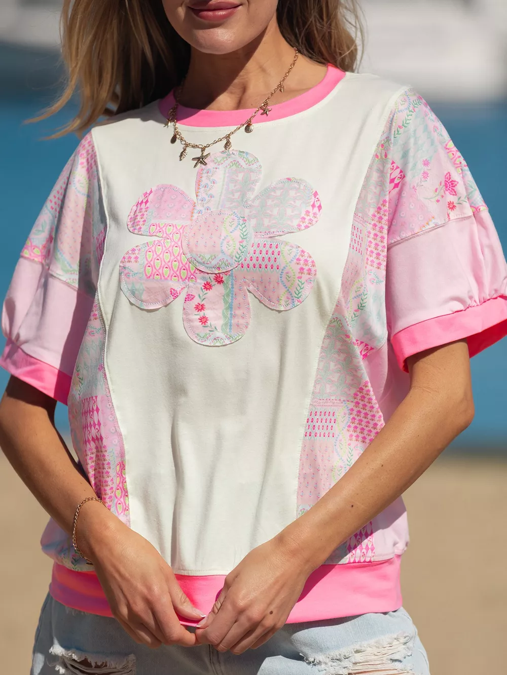 Color Block Floral Patchwork Big Flower Accent Relaxed Top, image 4