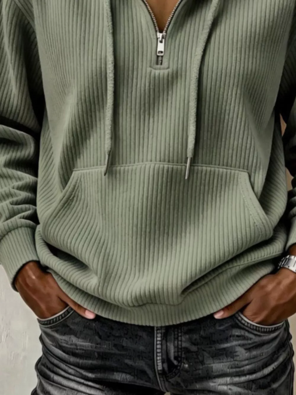 Ribbed Knit Quarter-Zip Hoodie, image 18
