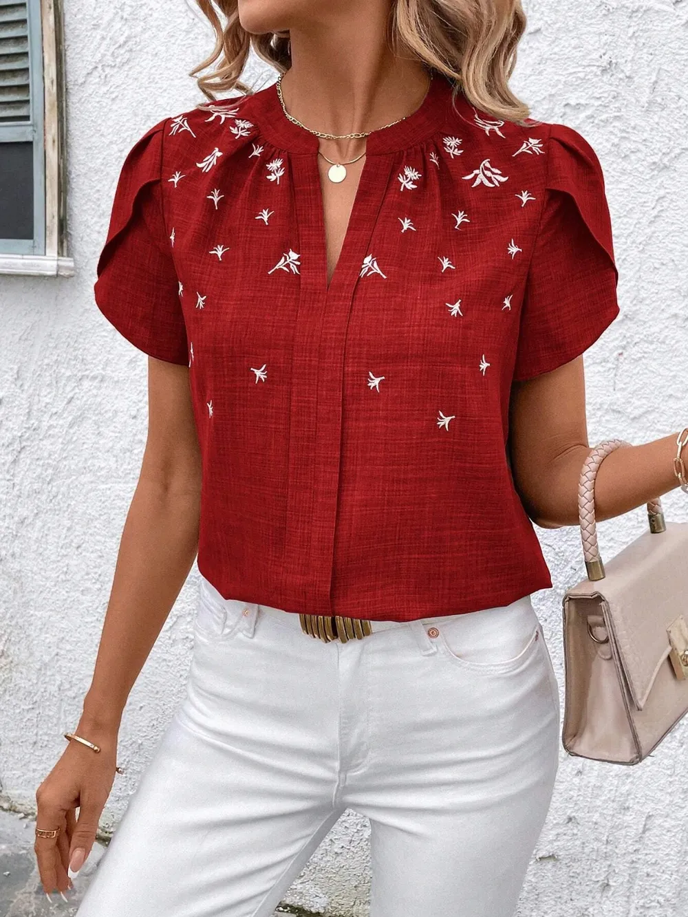 Floral Notched Short Sleeve Blouse, image 11