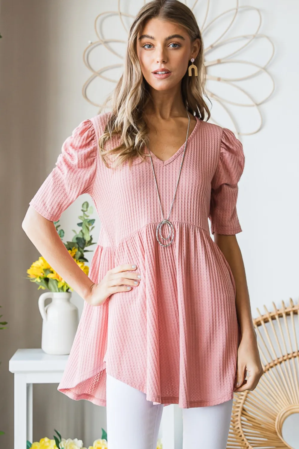 Full Size Waffle Knit V-Neck Babydoll Top, image 6