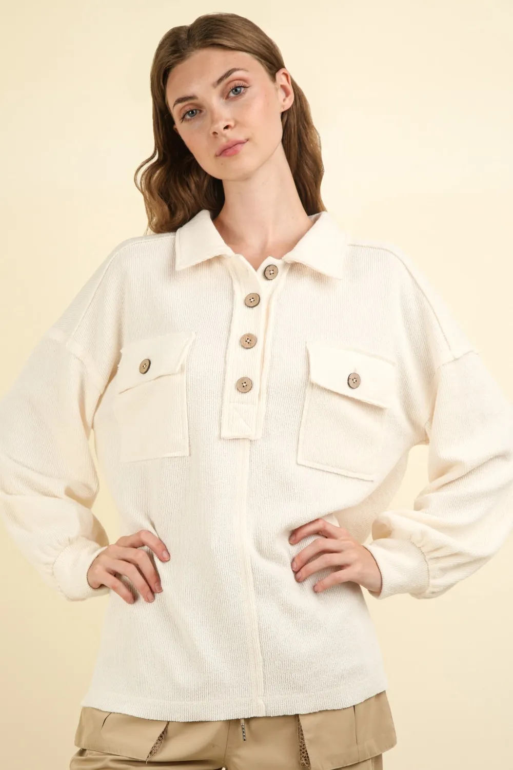 Collared Half Button Knit Top with Pockets, image 4