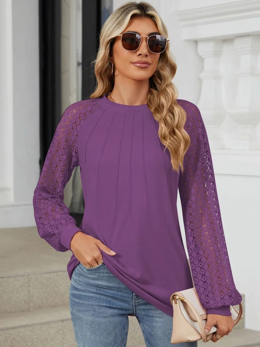 Round Neck Lace Long Sleeve Top, image 7