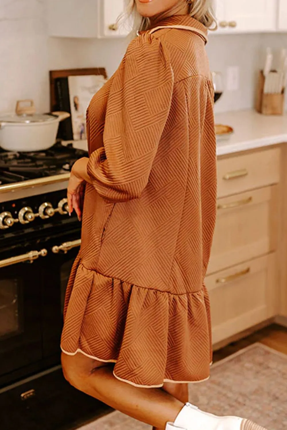 Ruffled Hem Zip Front Texture Dress, image 2