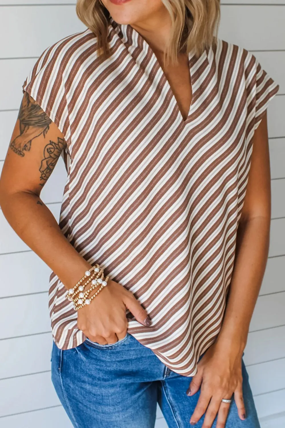 Striped V Neck Cap Sleeve Blouse, image 8