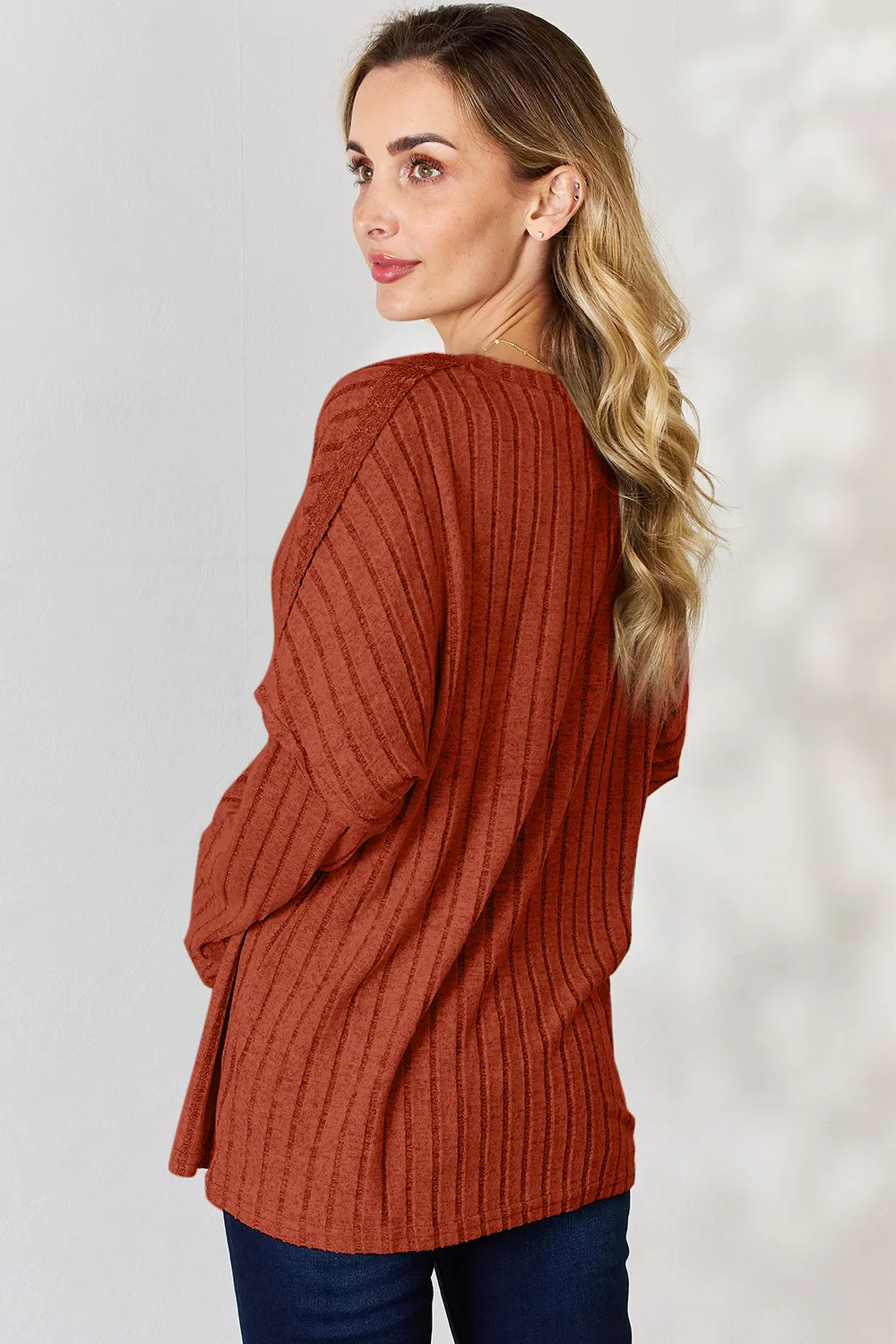 Full Size Ribbed Half Button Long Sleeve T-Shirt, image 11