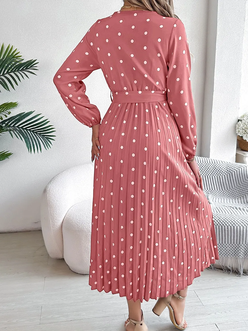 Tied Polka Dot Long Sleeve Midi Dress, image 4