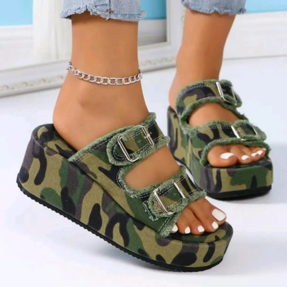 Raw Hem Wedge Buckle Sandals, image 6