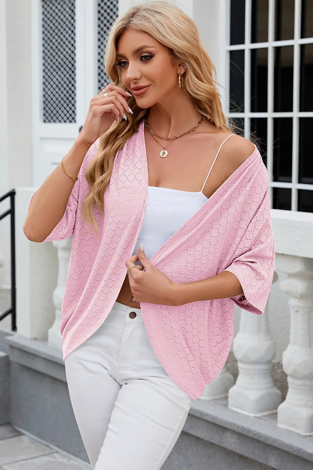 Eyelet Open Front Half Sleeve Cardigan, image 12