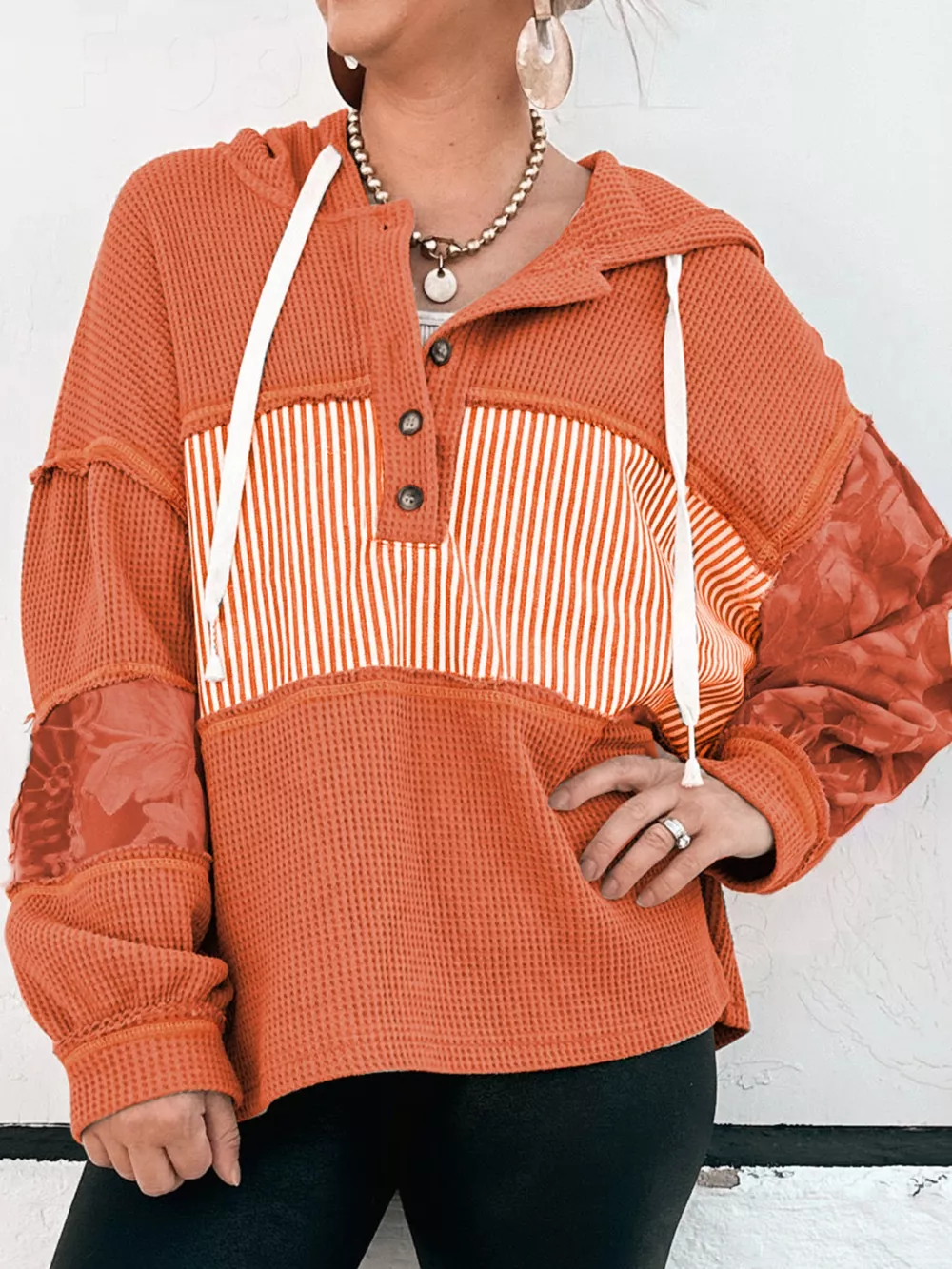 Waffle Knit Color Block Striped Drawstring Hoodie, image 2