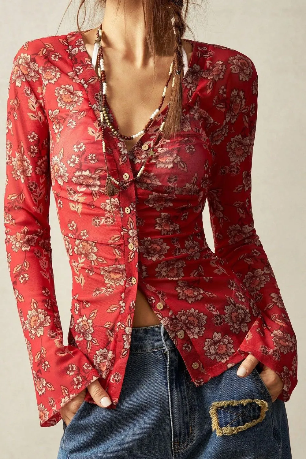 Floral Button-Front Shirt with Bell Sleeves, image 9