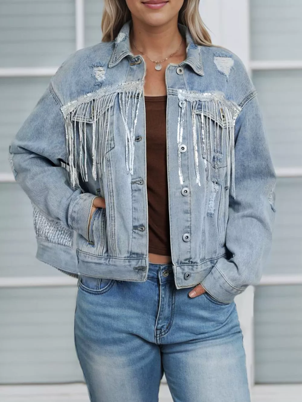 Fringed Sequin Embellished Denim Jacket