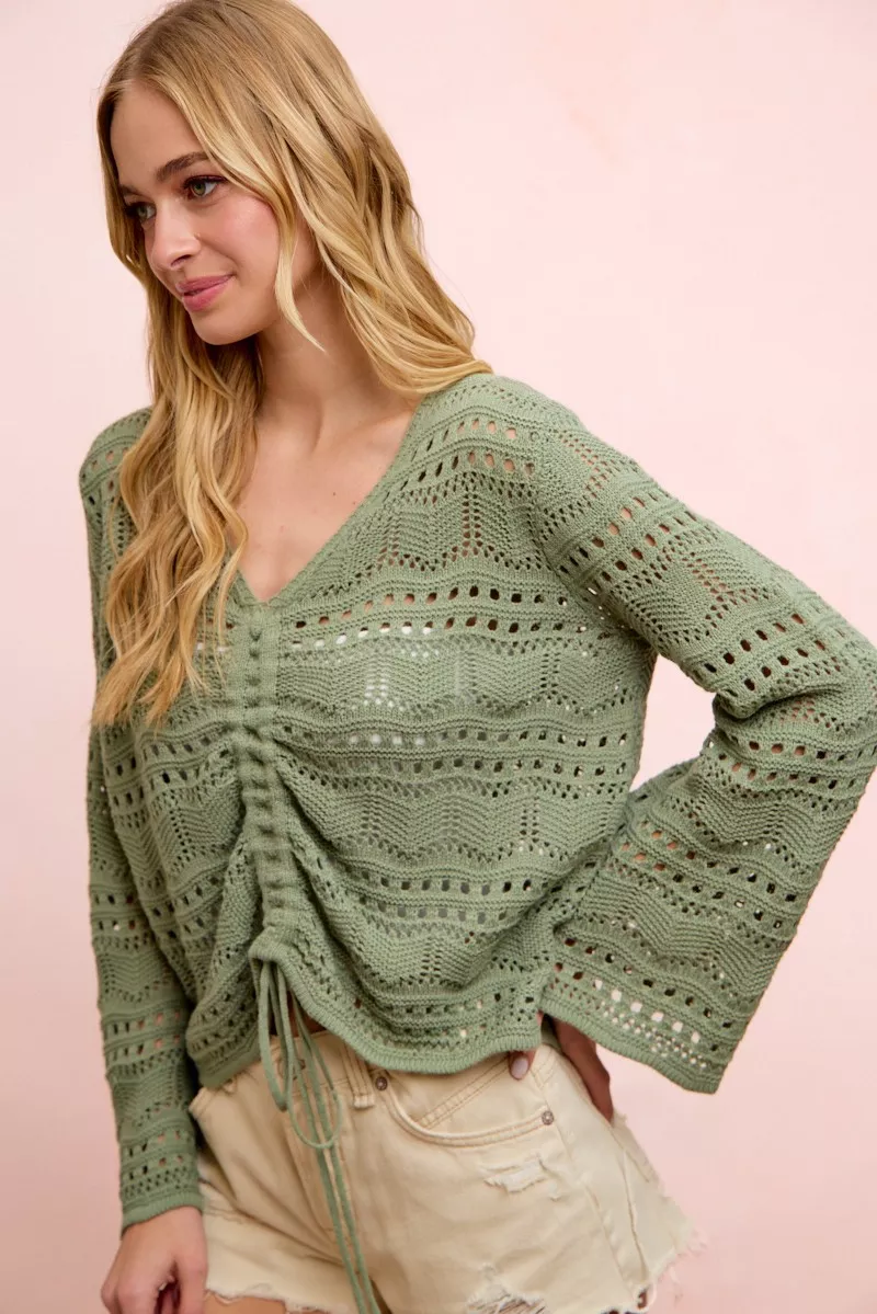 Pointelle Knit V Neck Ruched Front Lightweight Top, image 2