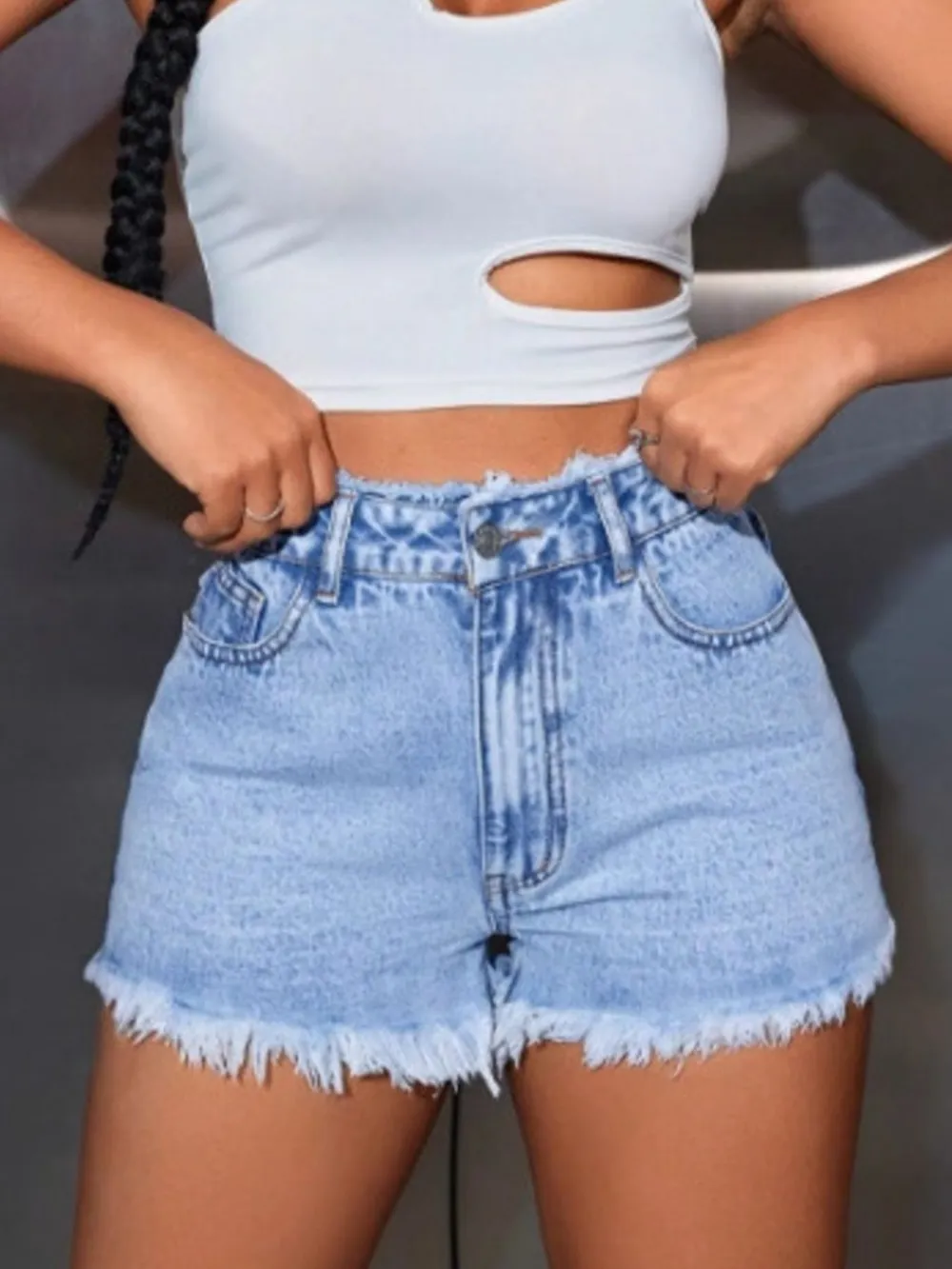 High Waisted Frayed Hem Denim Shorts, image 6