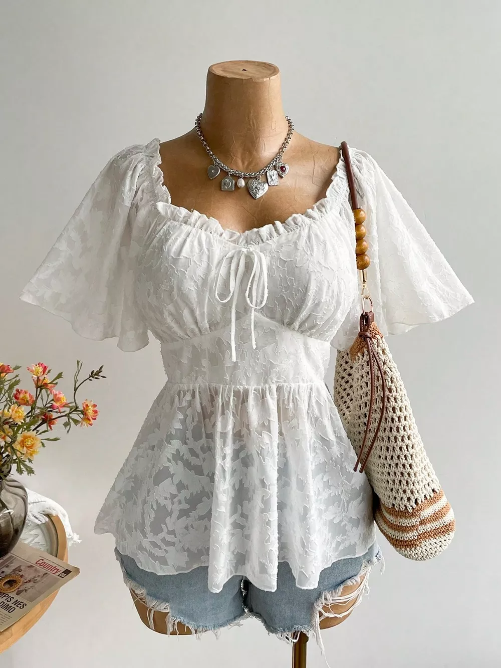 Plus Size Floral Flutter Sleeve Blouse with Smocked Back, image 6