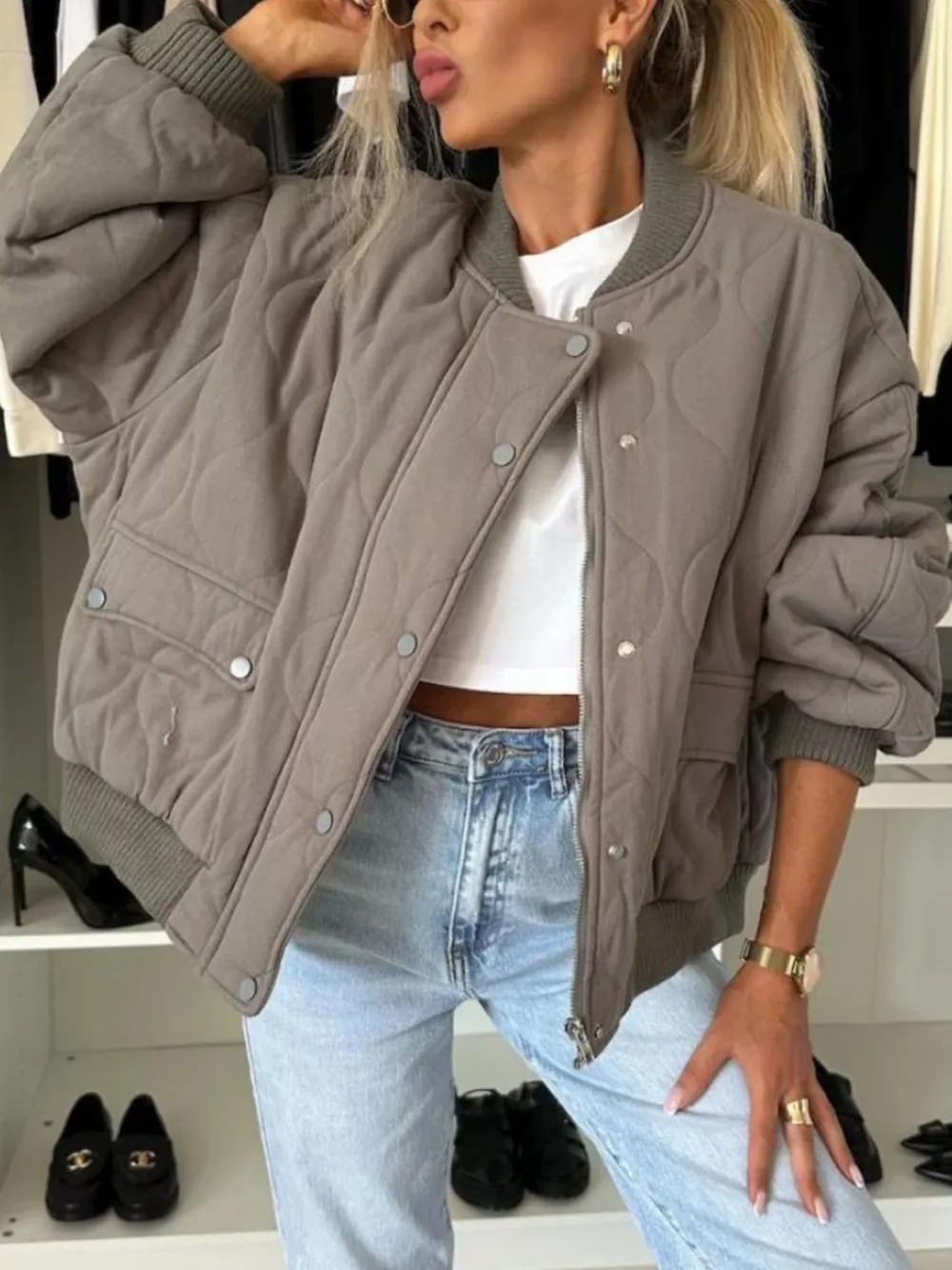 Baseball Collar Snap Down Long Sleeve Jacket, image 2