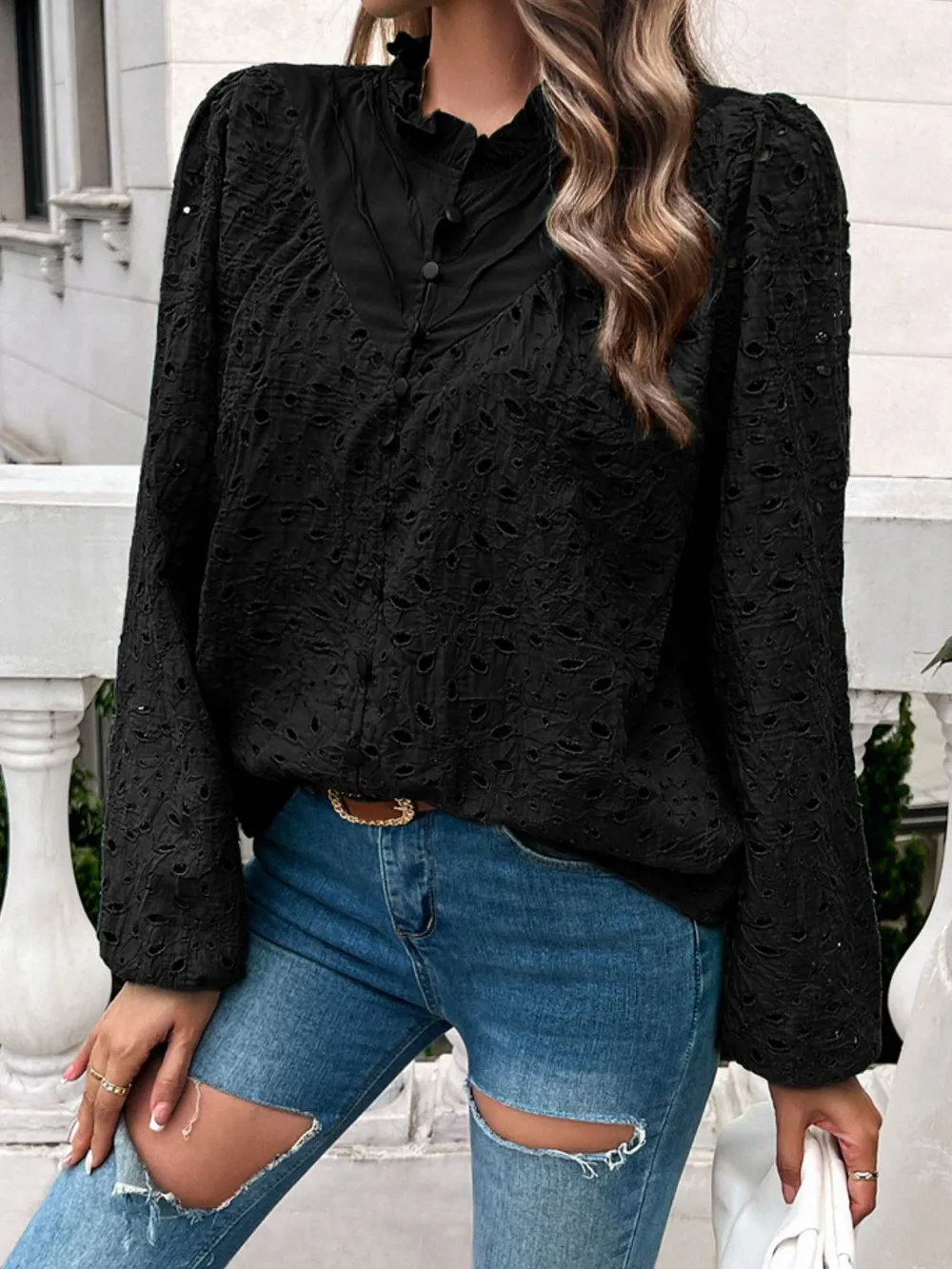 Frill Round Neck Long Sleeve Shirt, image 9