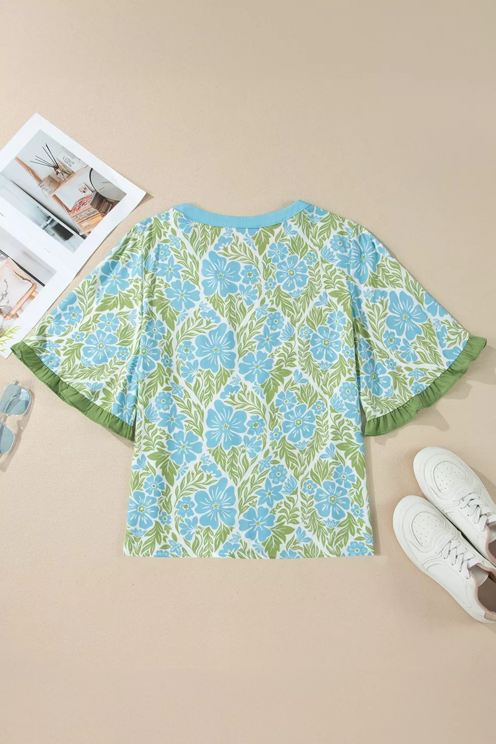 Floral Print Ruffled Color Block Trim Half Sleeve Blouse, image 4