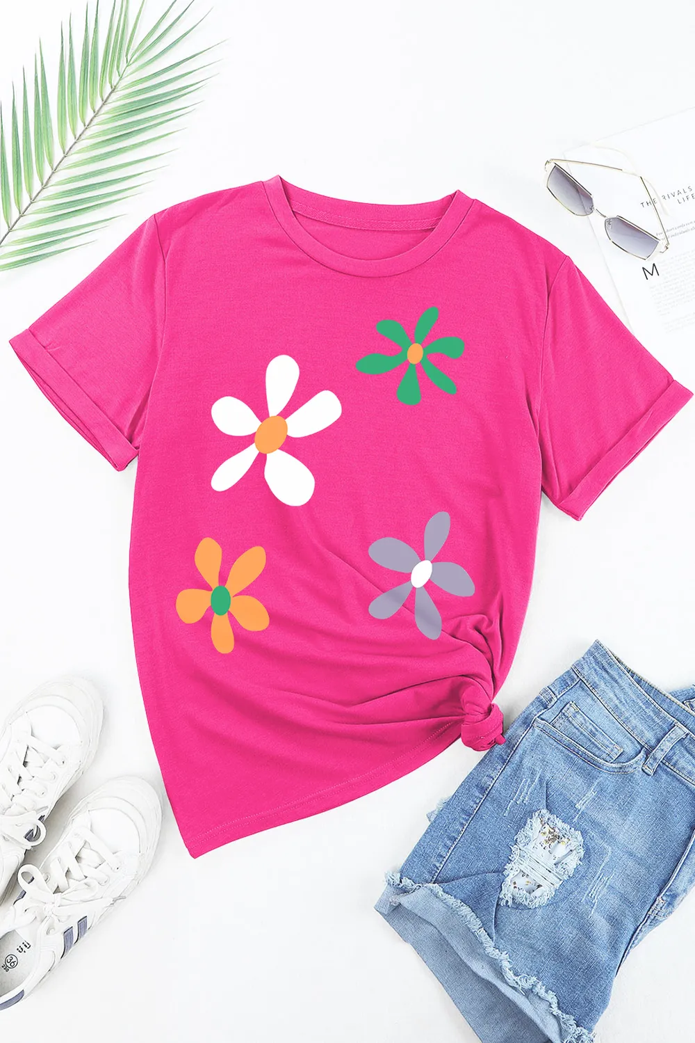 Flower Round Neck Short Sleeve T-Shirt, image 3