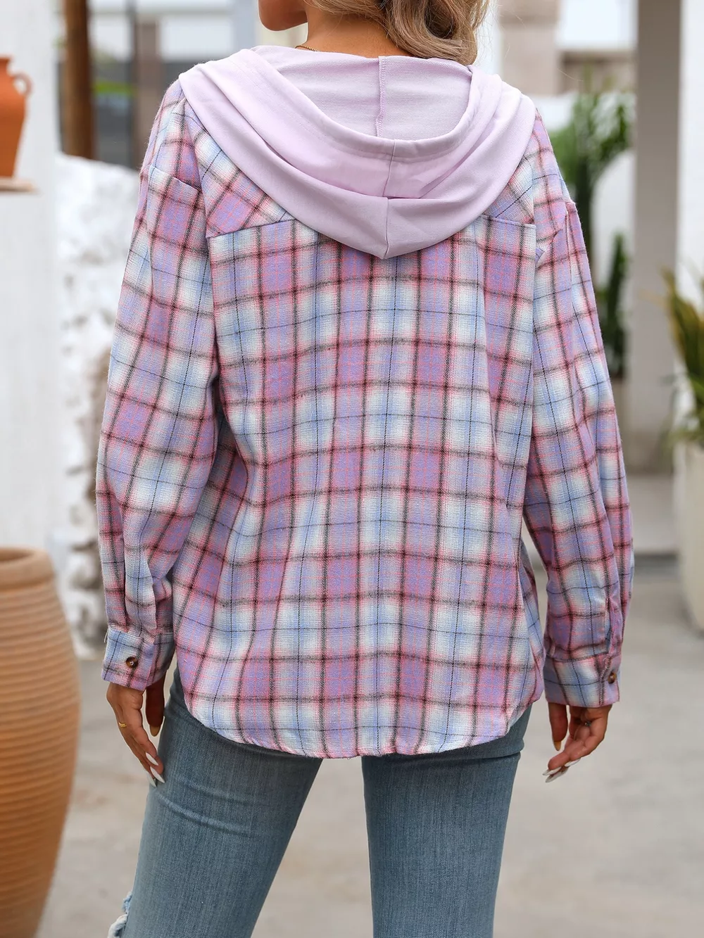 Plaid Button-Up Hooded Shirt with Chest Pocket, image 16