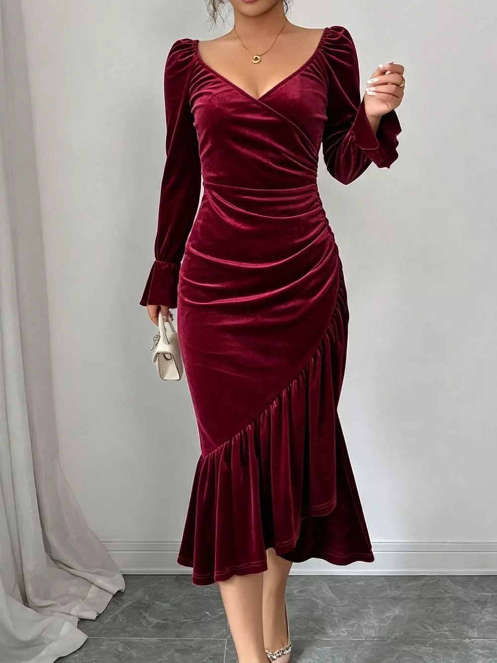 Velvet Ruched Ruffle Hem Midi Dress, image 4