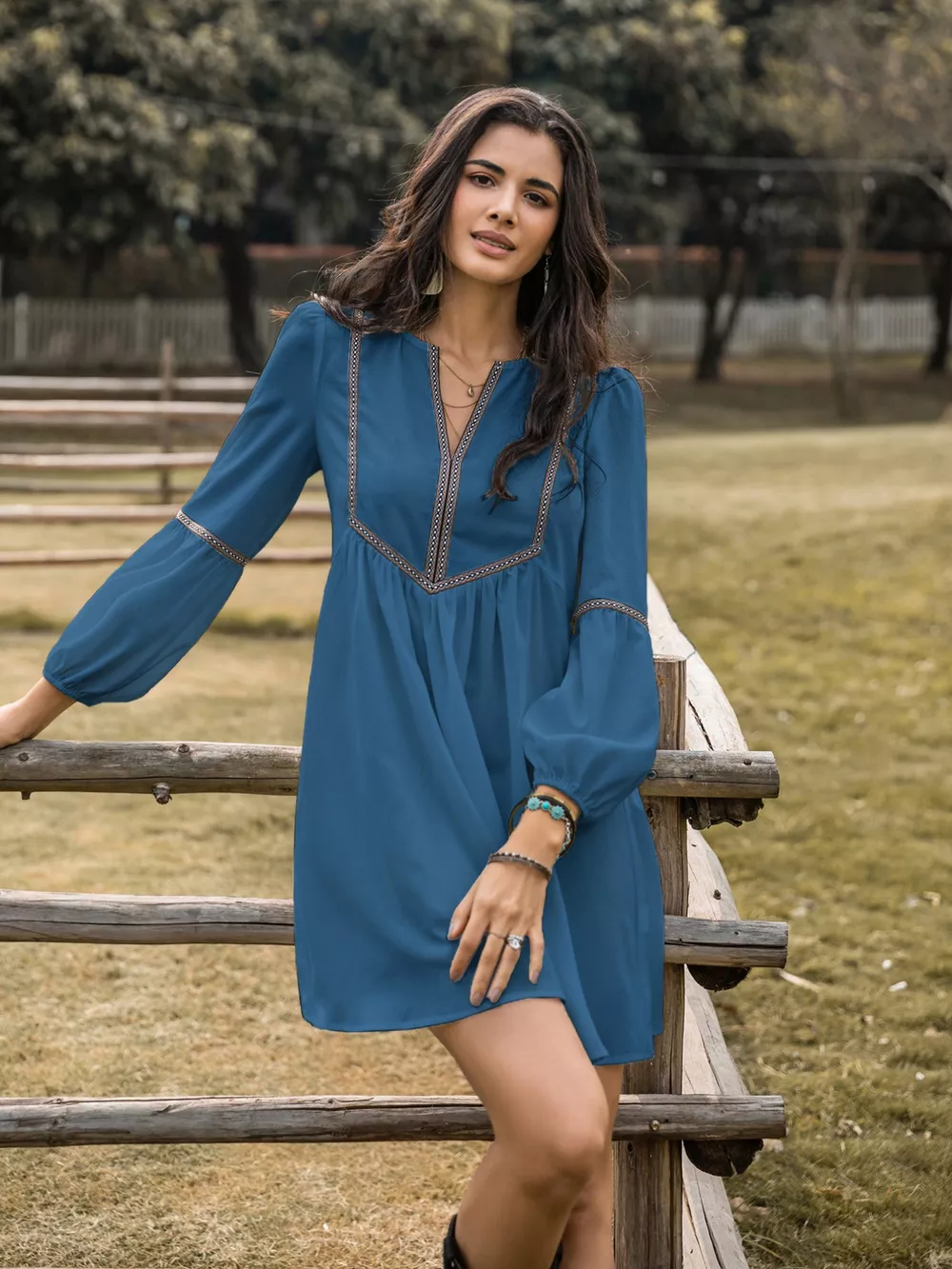Notched Balloon Sleeve Mini Dress, image 3
