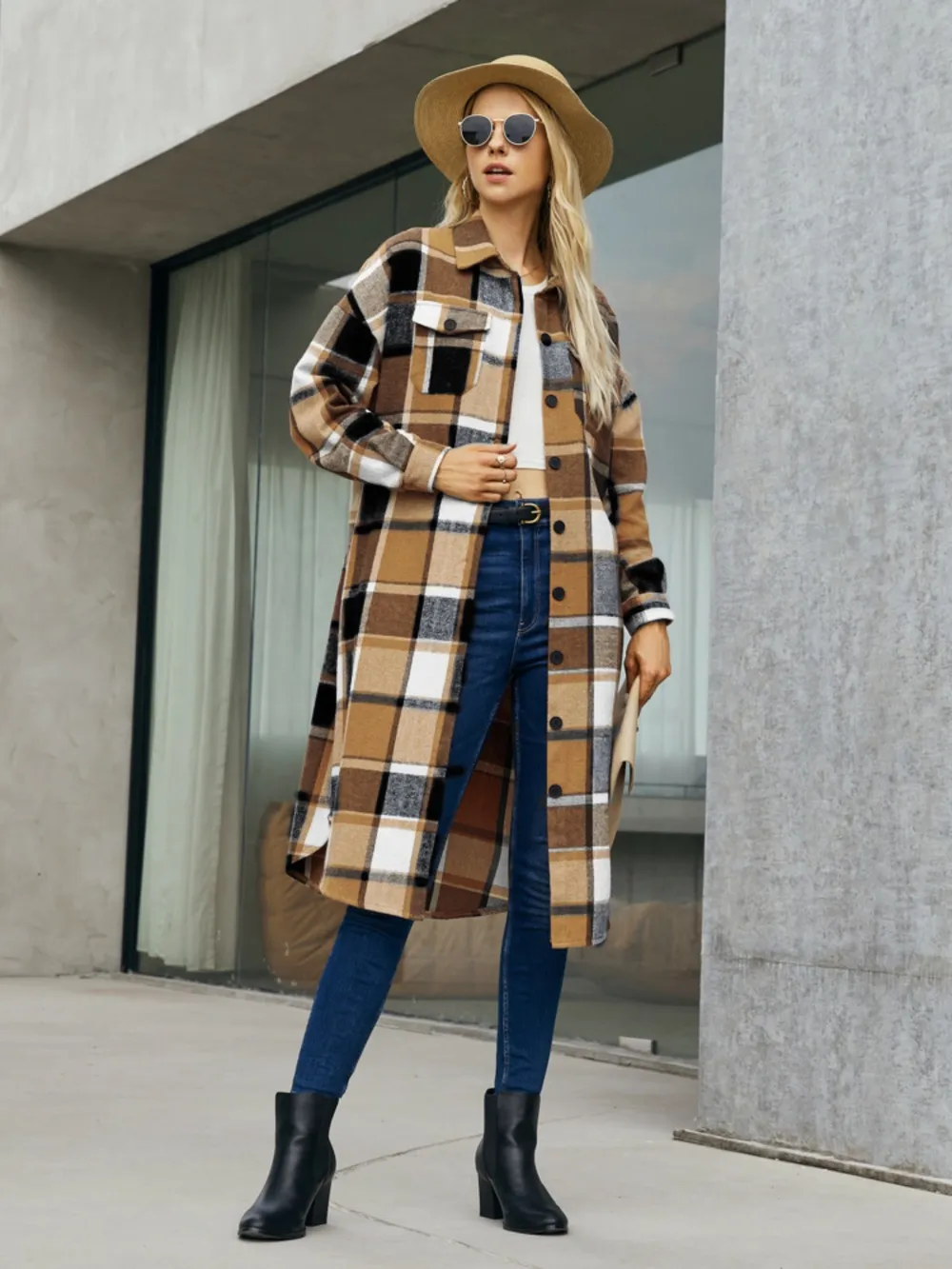 Plaid Pocketed Button Up Trench Coat, image 2