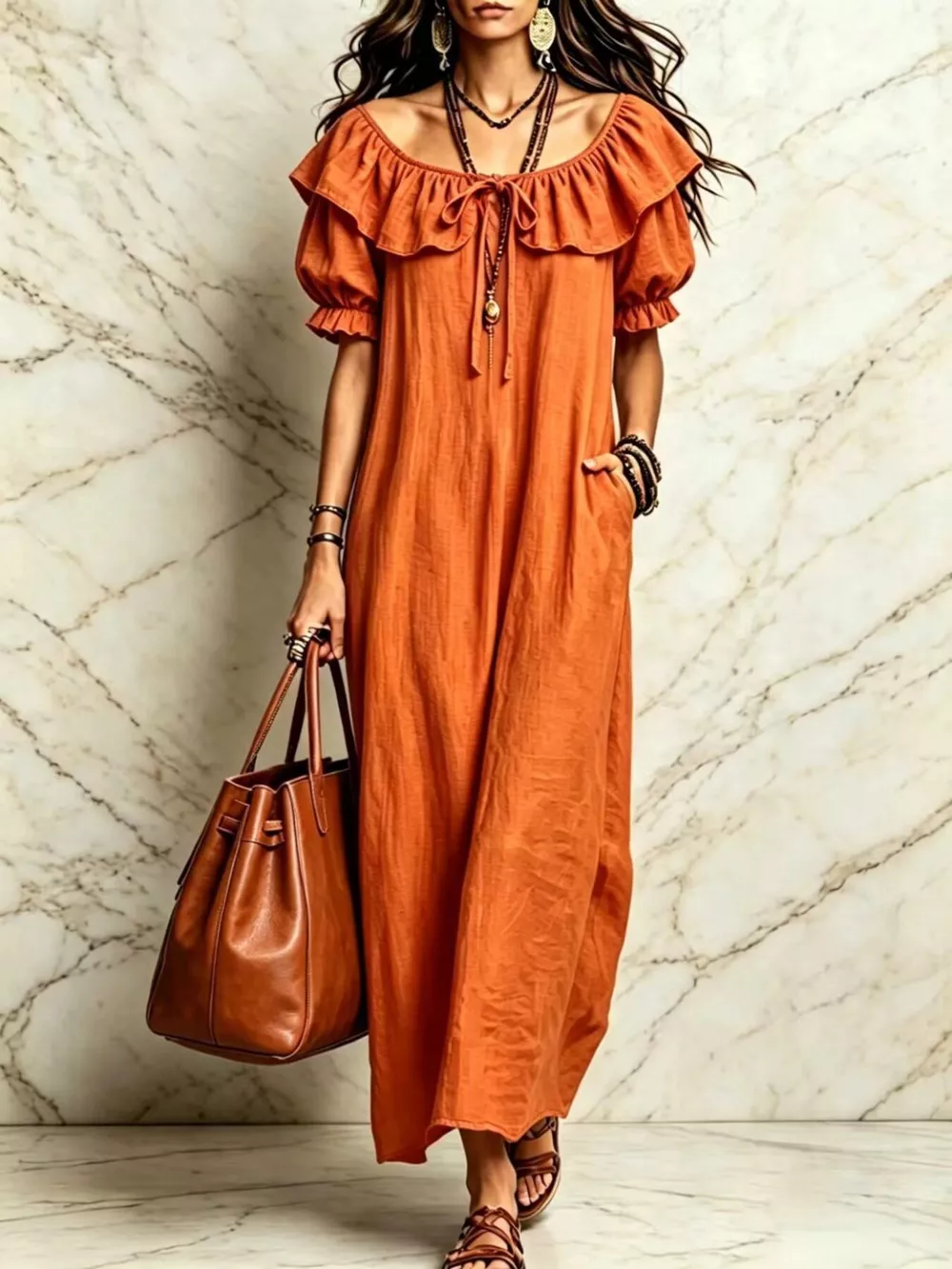 Ruffle Trim Puff Sleeve Maxi Dress, image 5