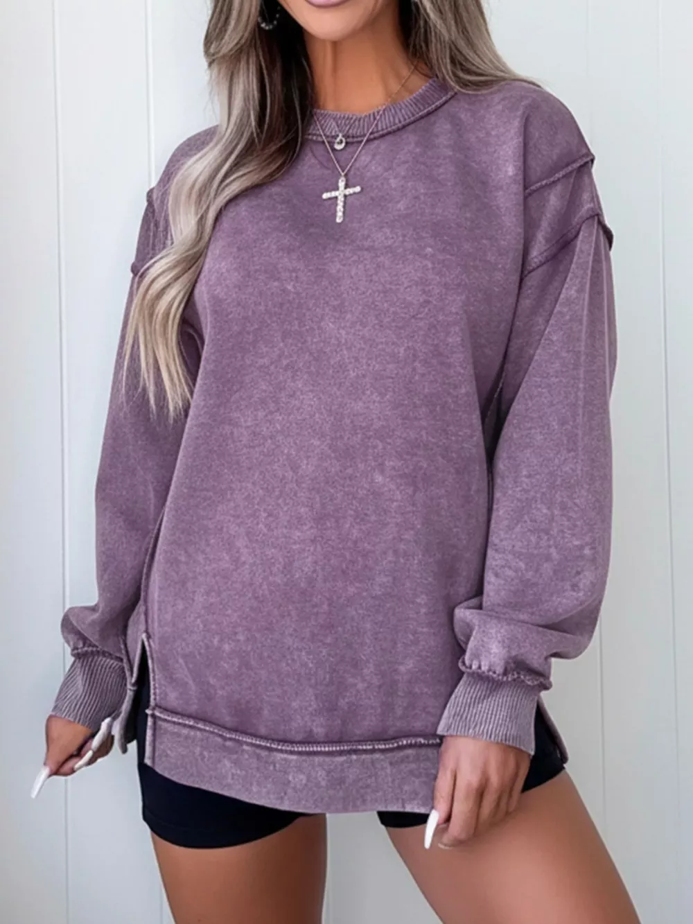 Wash Slit Round Neck Oversized Sweatshirt, image 2